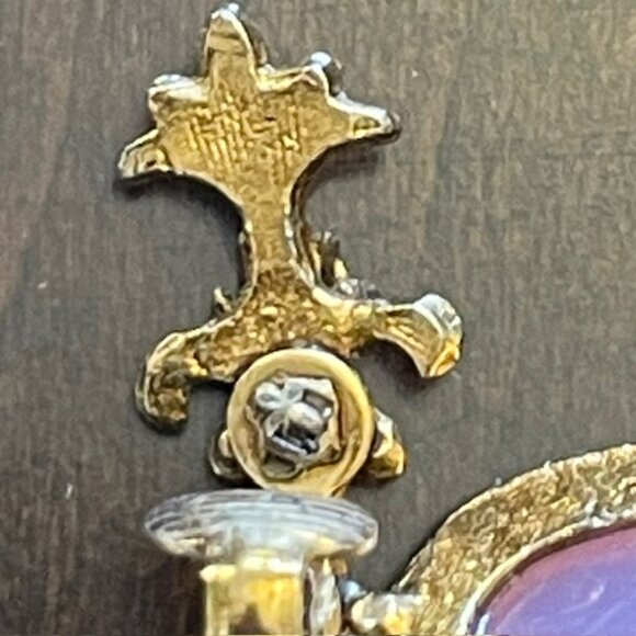 Vintage Pink Moonglow Cabochon Drop Clip Gold Tone Earrings Fleur de Lis - Picture 4 of 8